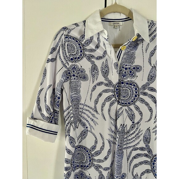 TYLER BOE Collared Shirt Dress, White, Crab Pattern, Stretch Cotton, Small - Picture 2 of 5
